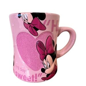 Valentine's Authentic Disney Minnie Mouse Sparkle Heart Pink Glitter Coffee Mug